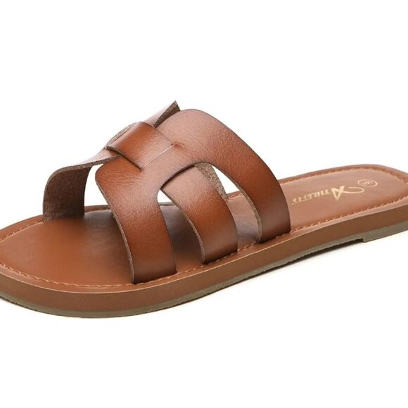Athlefit women's casual slide on flat Sandal Size 9 brown shoe - Picture 2 of 8